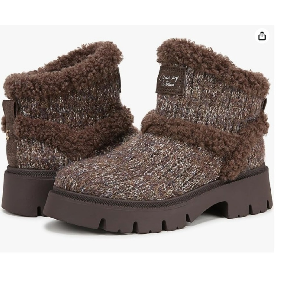 Circus NY Clare Knit Faux Fur Trim Ankle Boots‎ Lug Sole Brown Women's Size 6